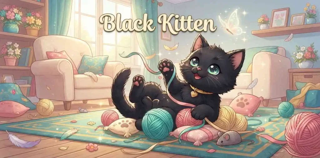 Playful black kitten smiling