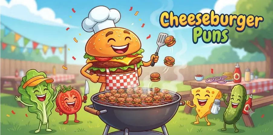 Smiling Cheeseburger Grilling Happily