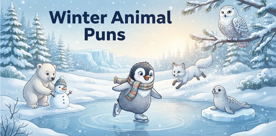Cute animals enjoying winter together